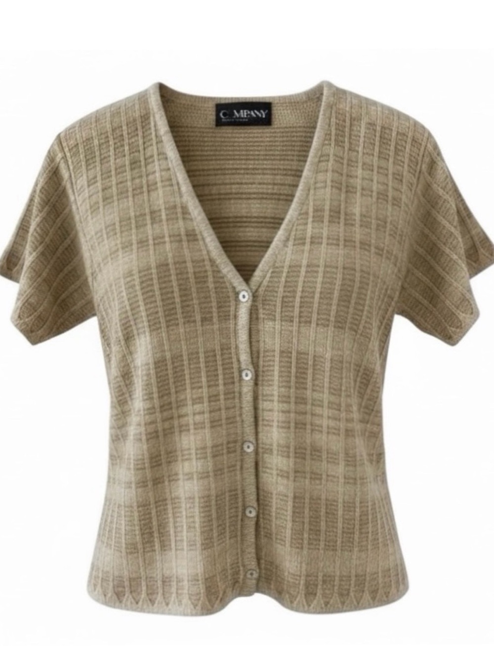 Company Ellen Tracy Light Tan V-Neck Button Down Short Sleeve Knit Cardigan